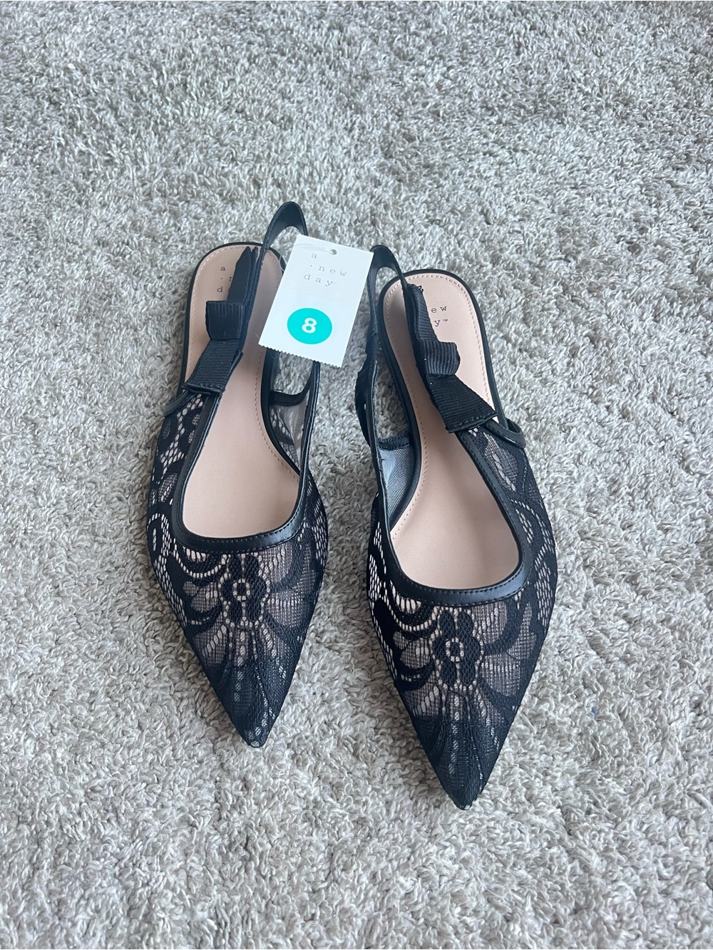 Black Lace Slingback Pointed Flats - Women. Size 8